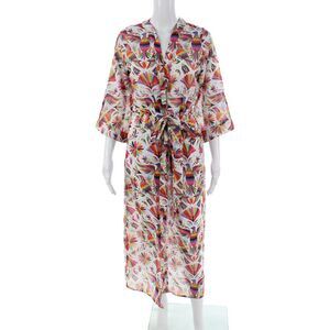 Verdelimon Womens Dress Multi Color V Neck Tie Midi 3/4 Sleeve Bird Size M